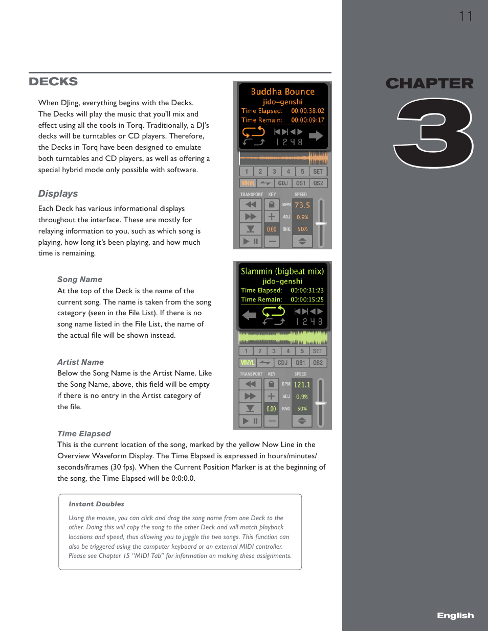 Chapter 3, Decks, Displays | Song name, Artist name, Time elapsed, Song name artist name time elapsed | M-AUDIO Torq 1.5 User Manual | Page 12 / 99