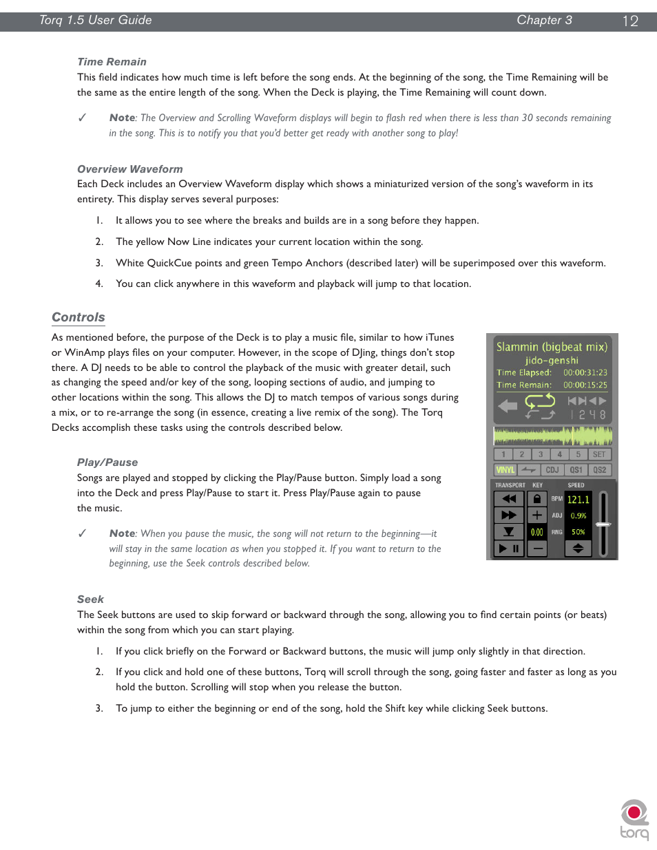 Time remain, Overview waveform, Controls | Play/pause, Seek, Time remain overview waveform, Play/pause seek | M-AUDIO Torq 1.5 User Manual | Page 13 / 99