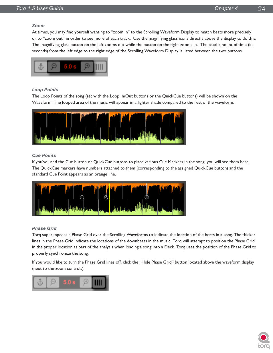 Zoom, Loop points, Cue points | Phase grid, Zoom loop points cue points phase grid | M-AUDIO Torq 1.5 User Manual | Page 25 / 99