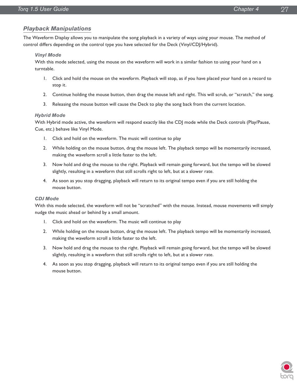 Playback manipulations, Vinyl mode, Hybrid mode | Cdj mode, Vinyl mode hybrid mode cdj mode | M-AUDIO Torq 1.5 User Manual | Page 28 / 99