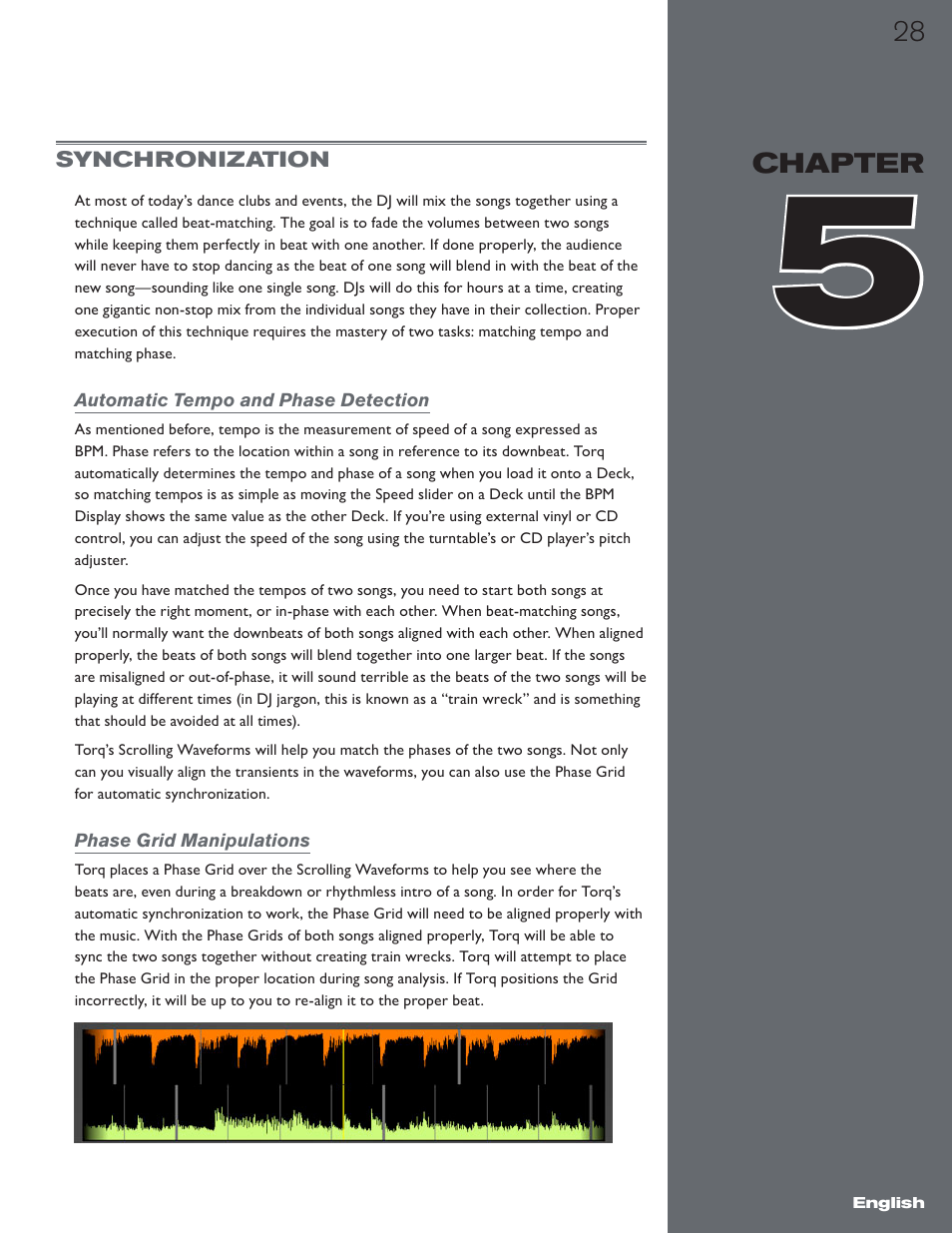 Chapter 5, Synchronization, Automatic tempo and phase detection | Phase grid manipulations | M-AUDIO Torq 1.5 User Manual | Page 29 / 99