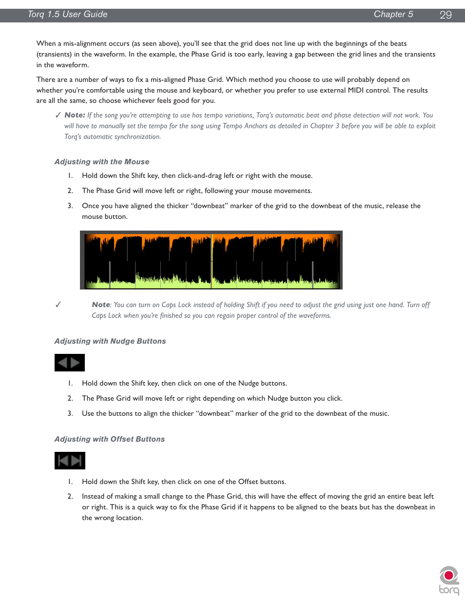 Adjusting with the mouse, Adjusting with nudge buttons, Adjusting with offset buttons | M-AUDIO Torq 1.5 User Manual | Page 30 / 99