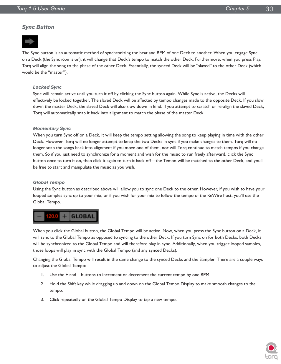 Sync button, Locked sync, Momentary sync | Global tempo, Locked sync momentary sync global tempo | M-AUDIO Torq 1.5 User Manual | Page 31 / 99