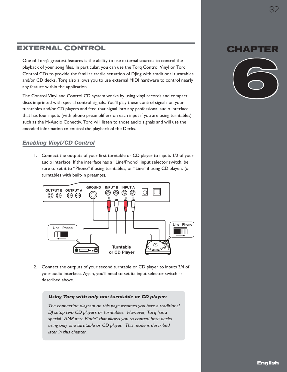 Chapter 6, External control, Enabling vinyl/cd control | M-AUDIO Torq 1.5 User Manual | Page 33 / 99