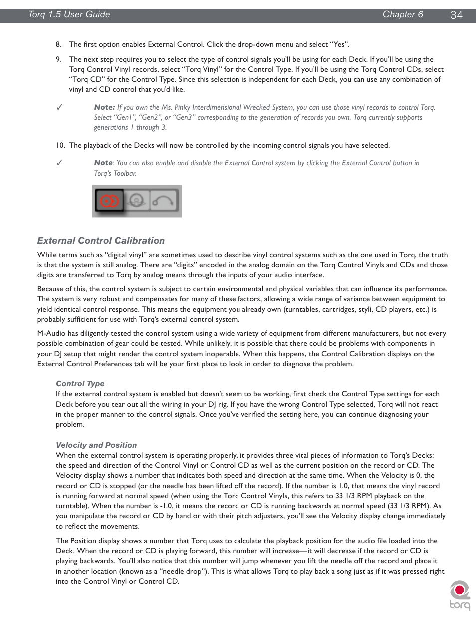 External control calibration, Control type, Velocity and position | Control type velocity and position | M-AUDIO Torq 1.5 User Manual | Page 35 / 99
