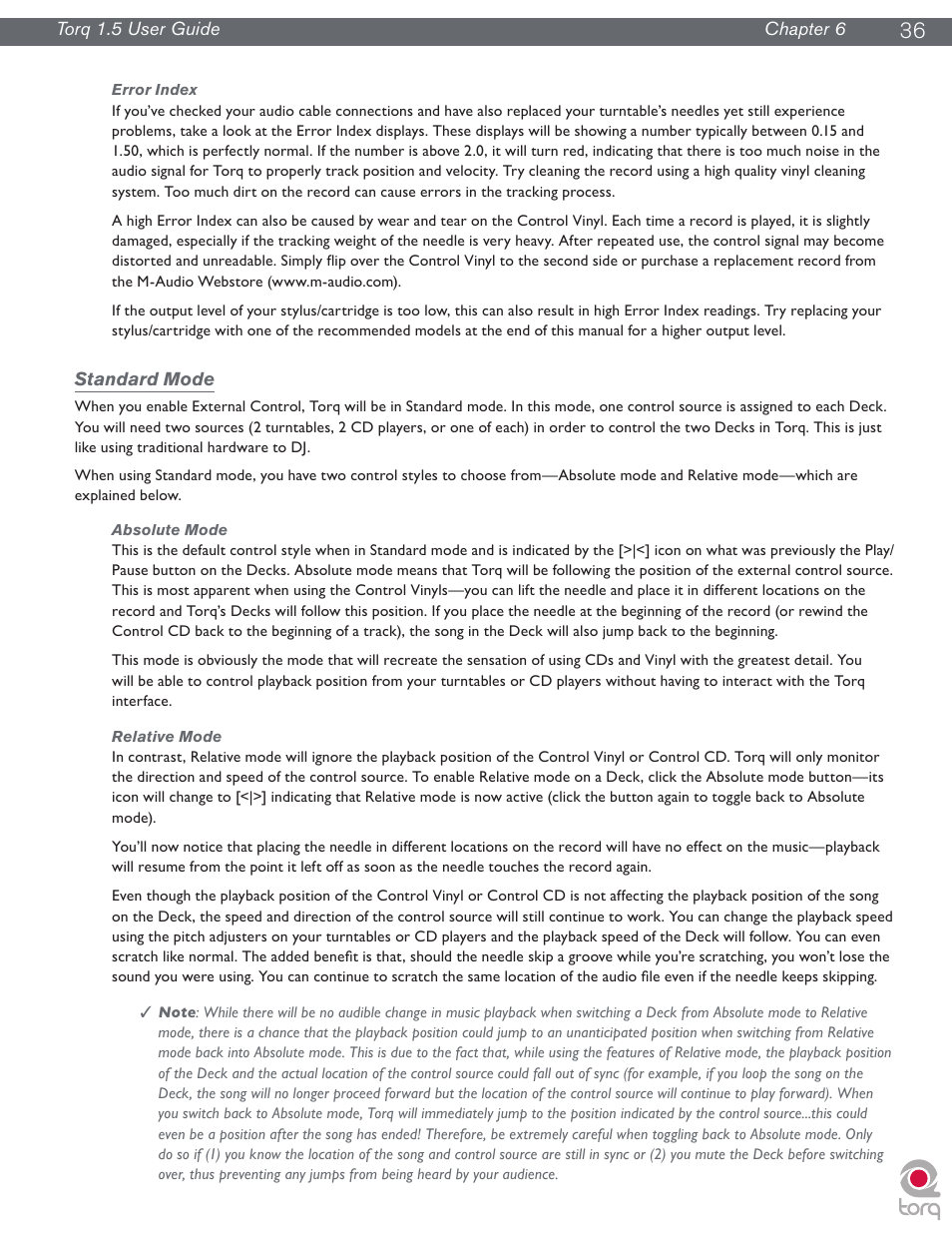 Error index, Standard mode, Absolute mode | Relative mode, Absolute mode relative mode | M-AUDIO Torq 1.5 User Manual | Page 37 / 99