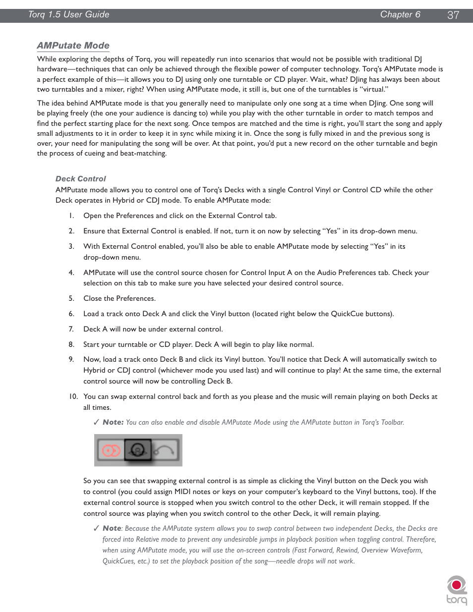 Amputate mode, Deck control | M-AUDIO Torq 1.5 User Manual | Page 38 / 99