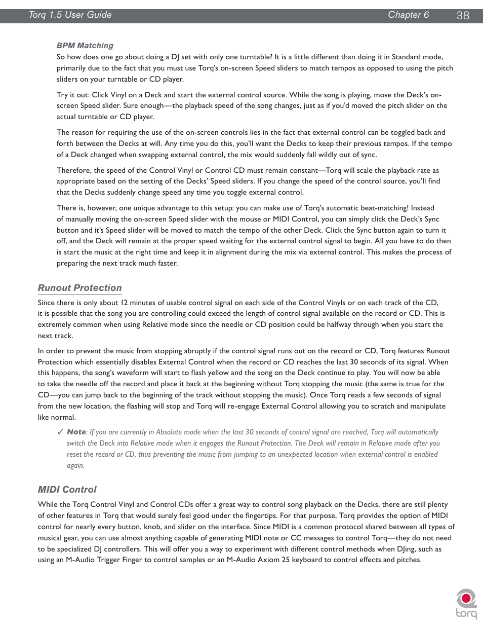 Bpm matching, Runout protection, Midi control | Runout protection midi control | M-AUDIO Torq 1.5 User Manual | Page 39 / 99