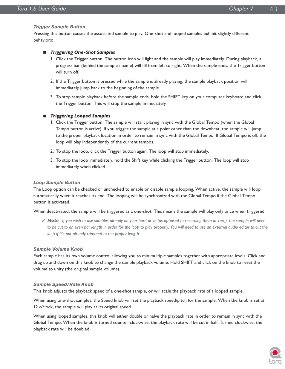 Trigger sample button, Loop sample button, Sample volume knob | Sample speed/rate knob | M-AUDIO Torq 1.5 User Manual | Page 44 / 99
