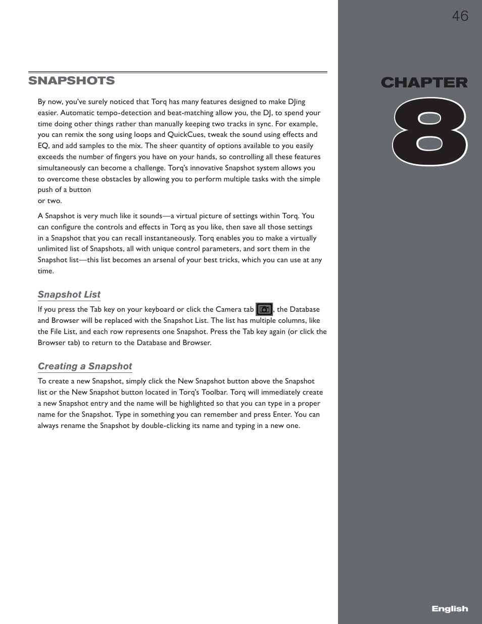 Chapter 8, Snapshots, Snapshot list | Creating a snapshot, Snapshot list creating a snapshot | M-AUDIO Torq 1.5 User Manual | Page 47 / 99
