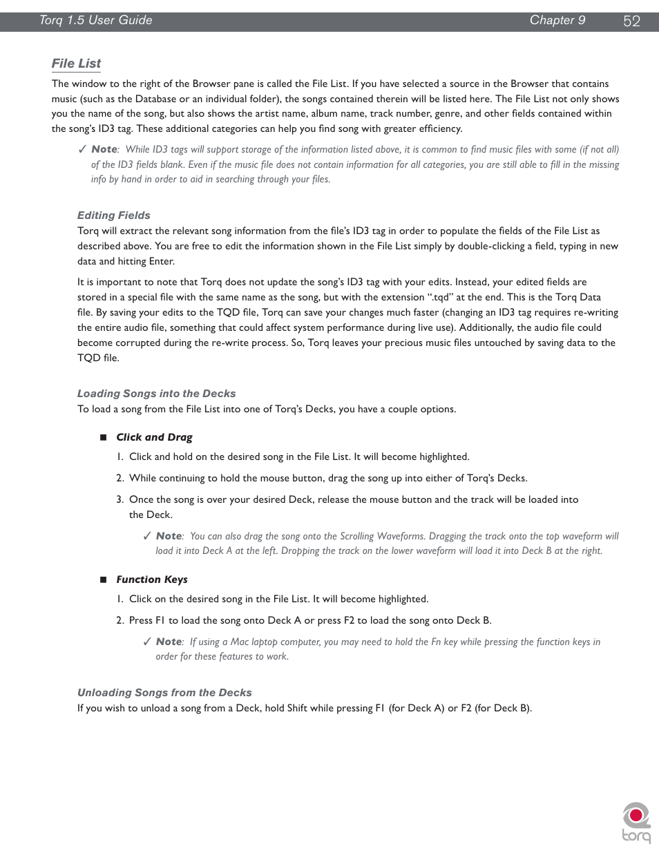 File list, Editing fields, Loading songs into the decks | Unloading songs from the decks | M-AUDIO Torq 1.5 User Manual | Page 53 / 99