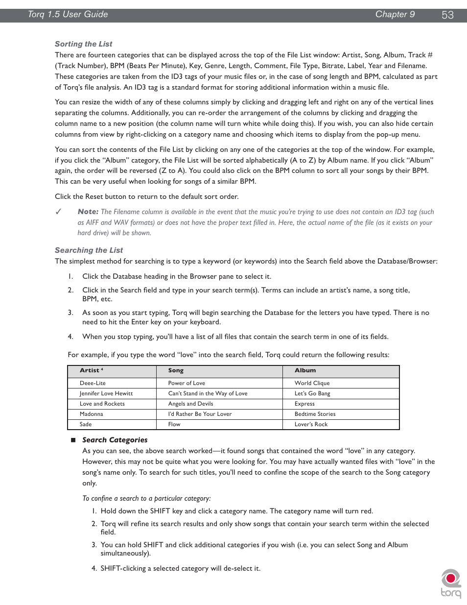 Sorting the list, Searching the list, Sorting the list searching the list | Torq 1.5 user guide chapter 1, Torq 1.5 user guide chapter 9 | M-AUDIO Torq 1.5 User Manual | Page 54 / 99
