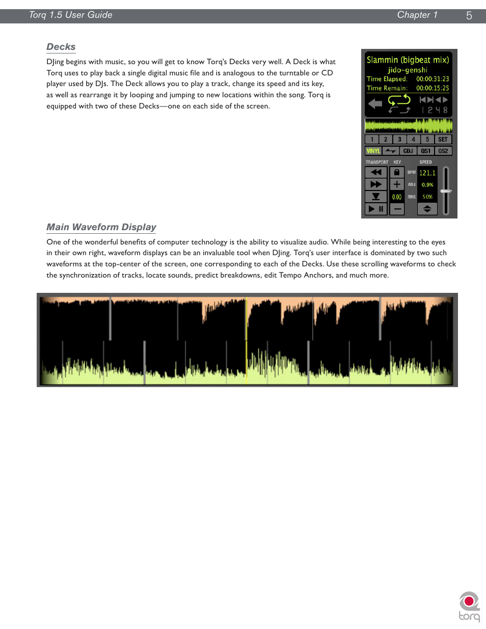 Decks, Main waveform display, Decks main waveform display | M-AUDIO Torq 1.5 User Manual | Page 6 / 99