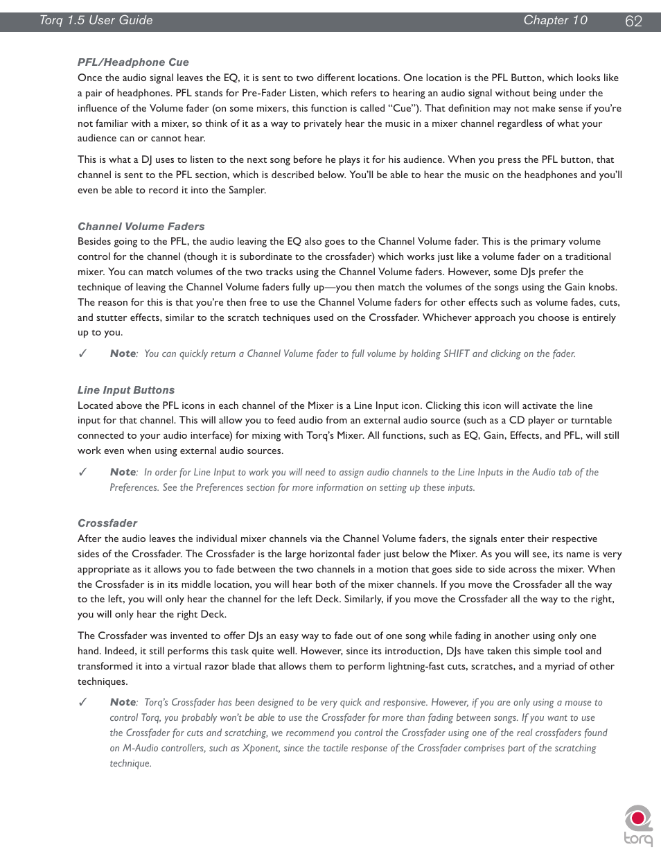 Pfl/headphone cue, Channel volume faders, Line input buttons | Crossfader | M-AUDIO Torq 1.5 User Manual | Page 63 / 99