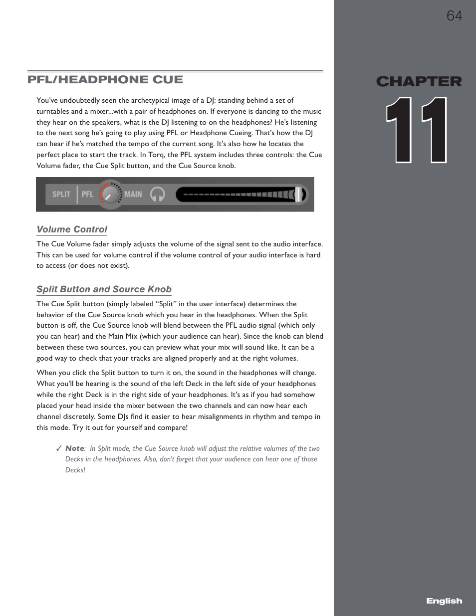 Chapter 11, Pfl/headphone cue, Volume control | Split button and source knob, Volume control split button and source knob | M-AUDIO Torq 1.5 User Manual | Page 65 / 99