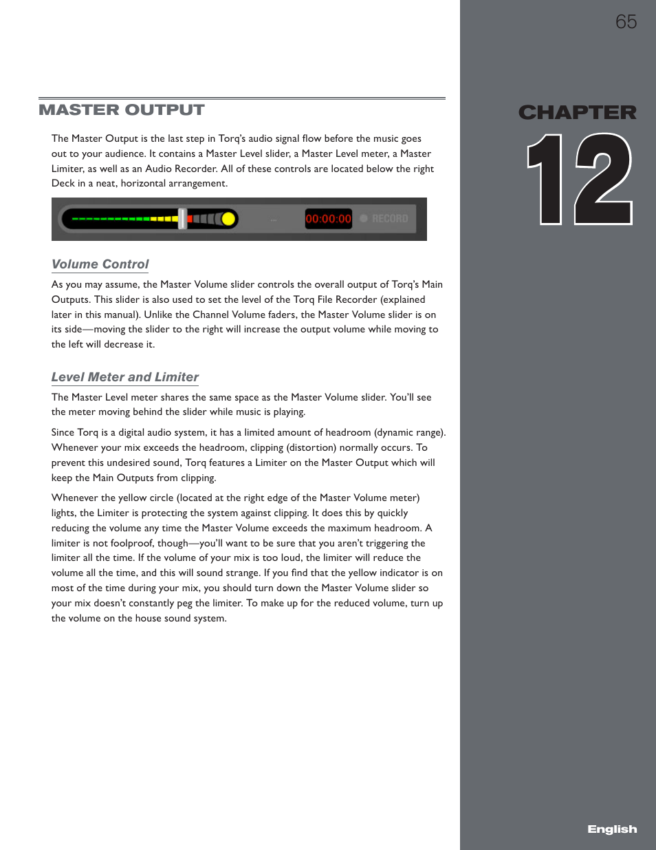 Chapter 12, Master output, Volume control | Level meter and limiter, Volume control level meter and limiter | M-AUDIO Torq 1.5 User Manual | Page 66 / 99