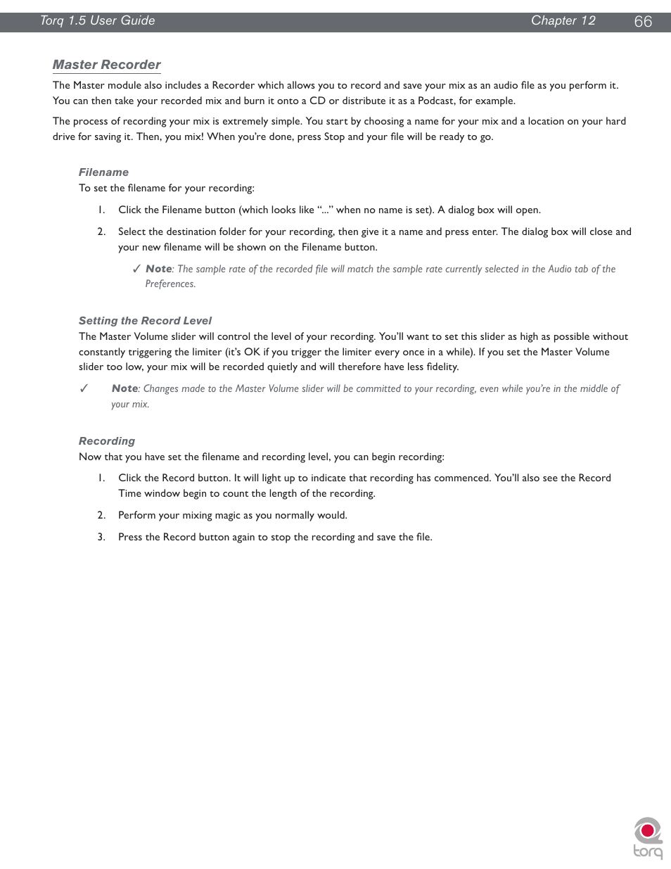 Master recorder, Filename, Setting the record level | Recording, Filename setting the record level recording | M-AUDIO Torq 1.5 User Manual | Page 67 / 99