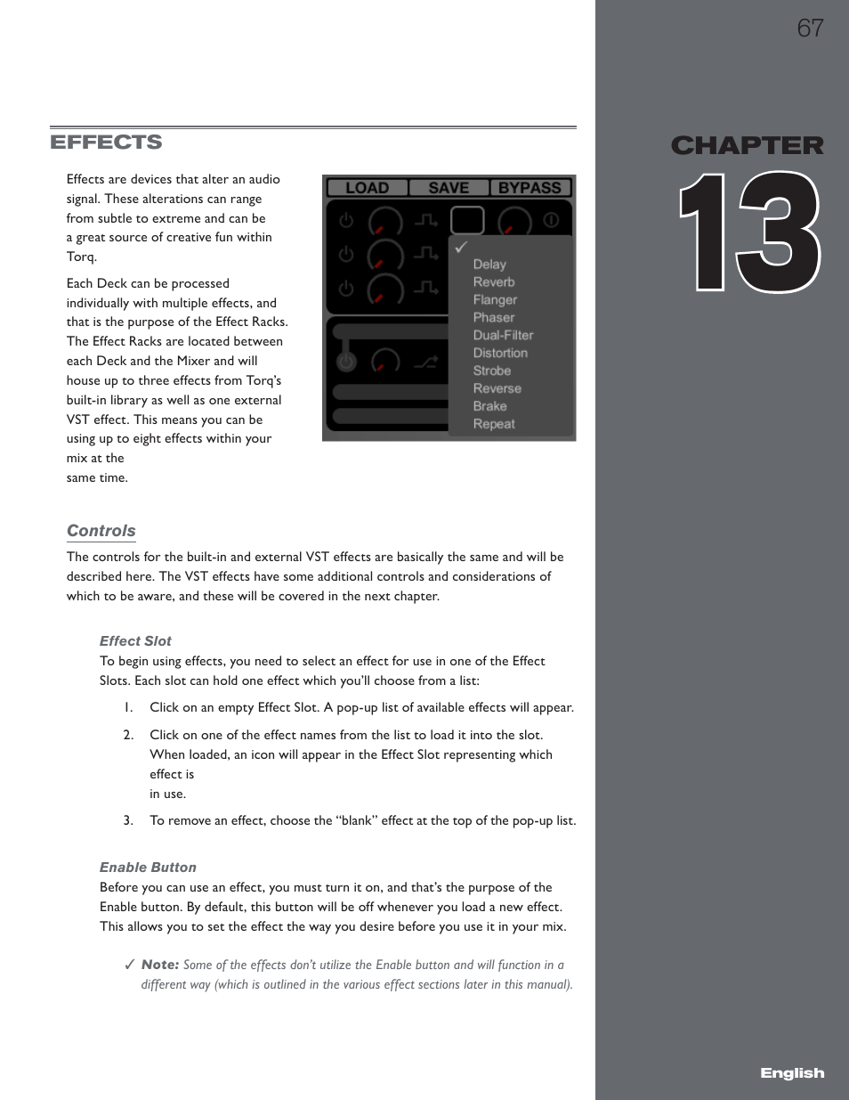 Chapter 13, Effects, Controls | Effect slot, Enable button, Effect slot enable button | M-AUDIO Torq 1.5 User Manual | Page 68 / 99