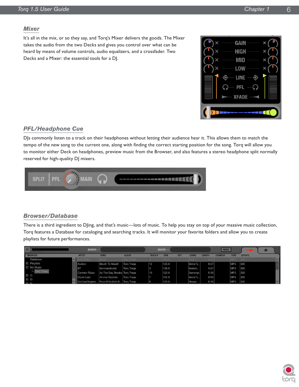 Mixer, Pfl/headphone cue, Browser/database | Mixer pfl/headphone cue browser/database | M-AUDIO Torq 1.5 User Manual | Page 7 / 99
