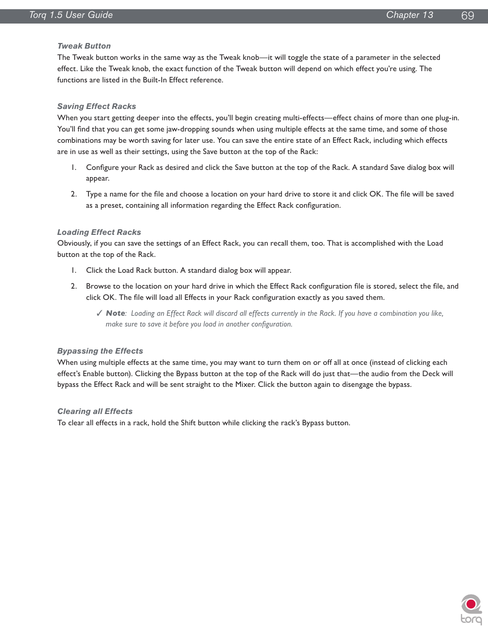 Tweak button, Saving effect racks, Loading effect racks | Bypassing the effects, Clearing all effects | M-AUDIO Torq 1.5 User Manual | Page 70 / 99