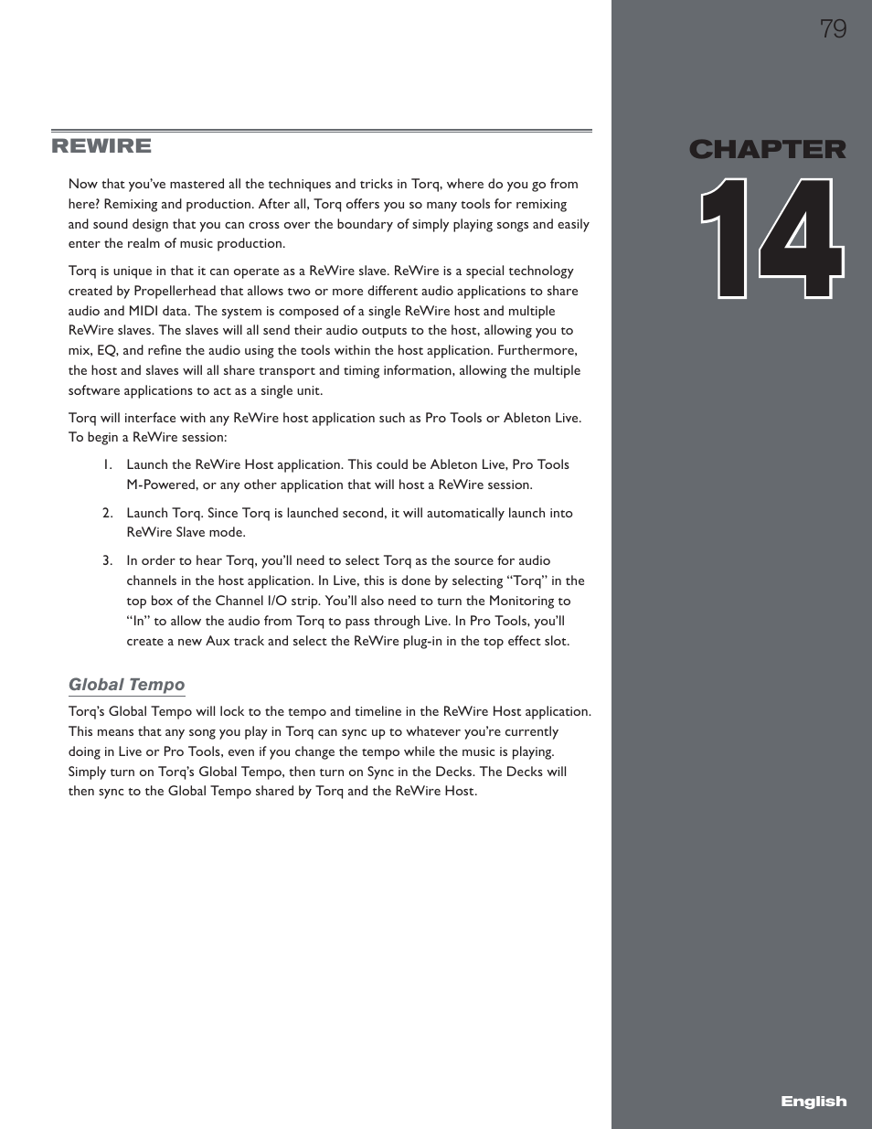 Chapter 14, Rewire, Global tempo | M-AUDIO Torq 1.5 User Manual | Page 80 / 99