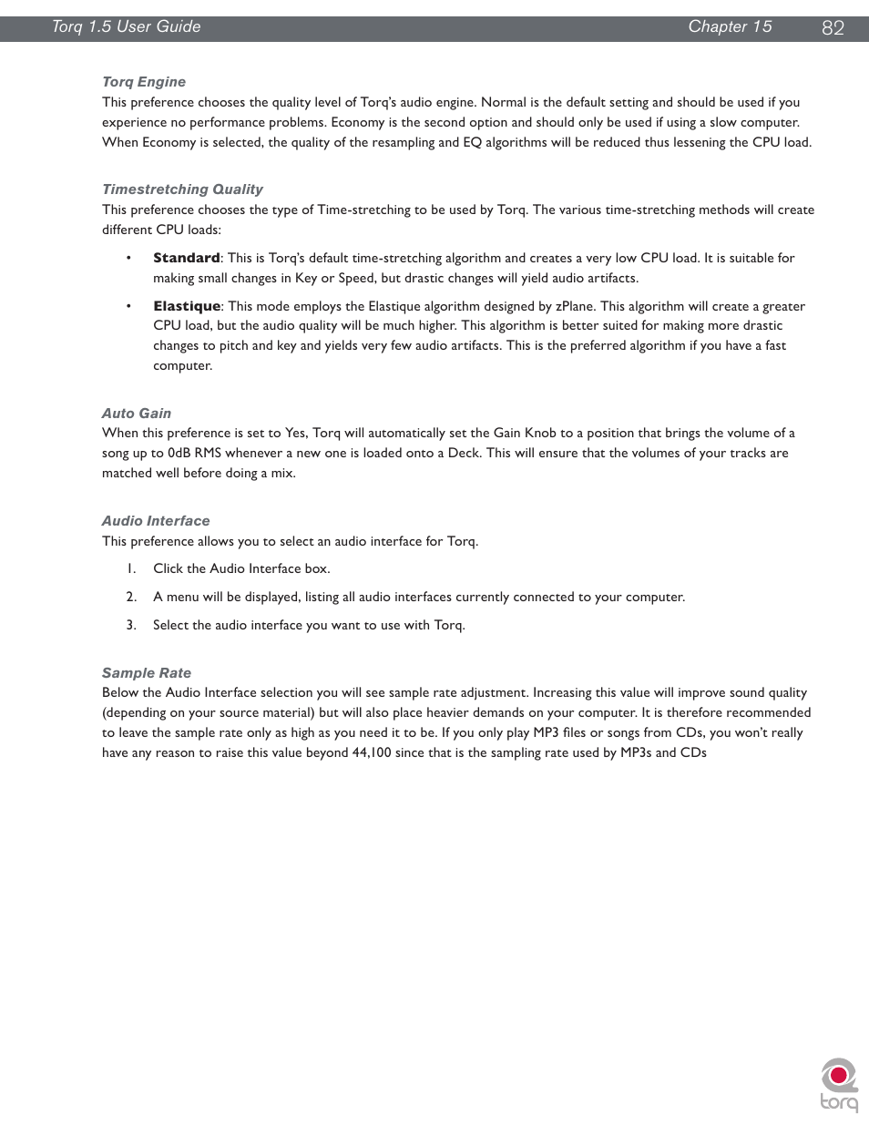 Torq engine, Timestretching quality, Auto gain | Audio interface, Sample rate | M-AUDIO Torq 1.5 User Manual | Page 83 / 99