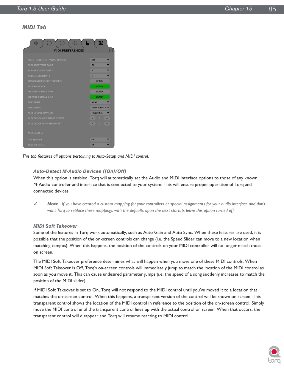 Midi tab, Auto-detect m-audio devices ([on]/off), Midi soft takeover | M-AUDIO Torq 1.5 User Manual | Page 86 / 99