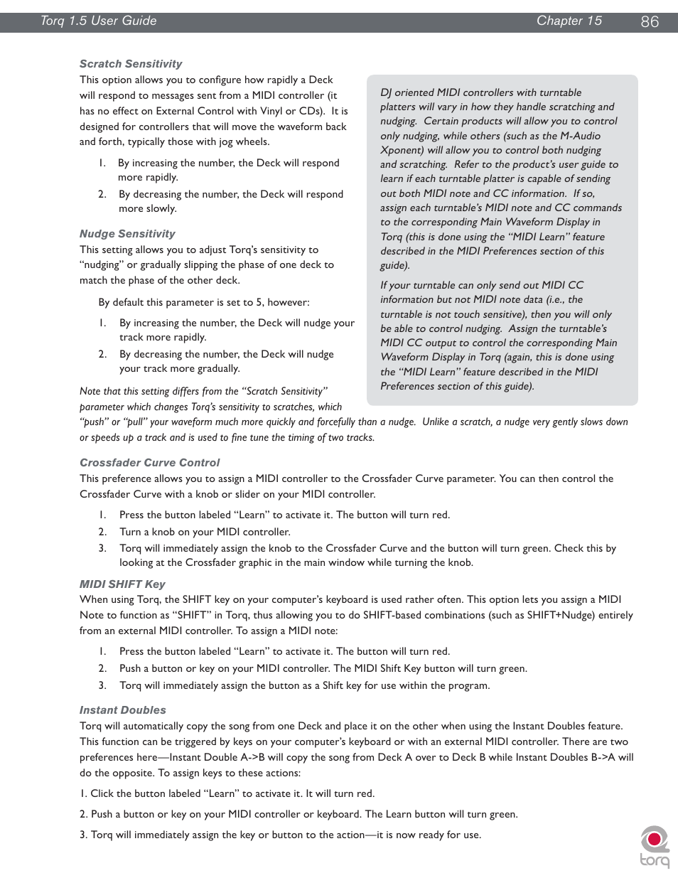 Scratch sensitivity, Nudge sensitivity, Crossfader curve control | Midi shift key, Instant doubles | M-AUDIO Torq 1.5 User Manual | Page 87 / 99