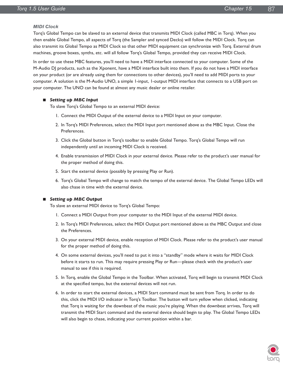 Midi clock | M-AUDIO Torq 1.5 User Manual | Page 88 / 99