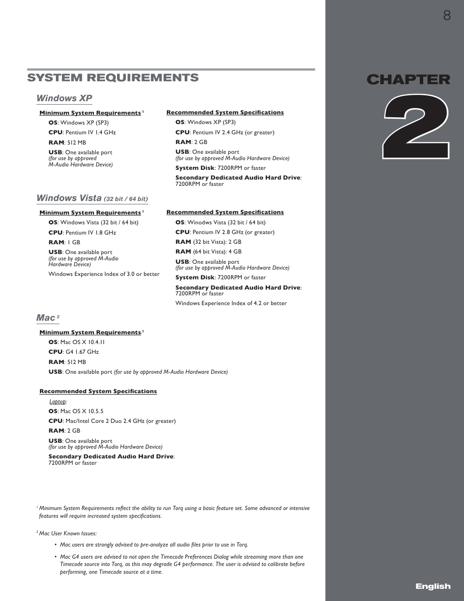 System requirements, Windows vista, Chapter 2 | Windows xp windows vista, 8chapter, Chapter | M-AUDIO Torq 1.5 User Manual | Page 9 / 99