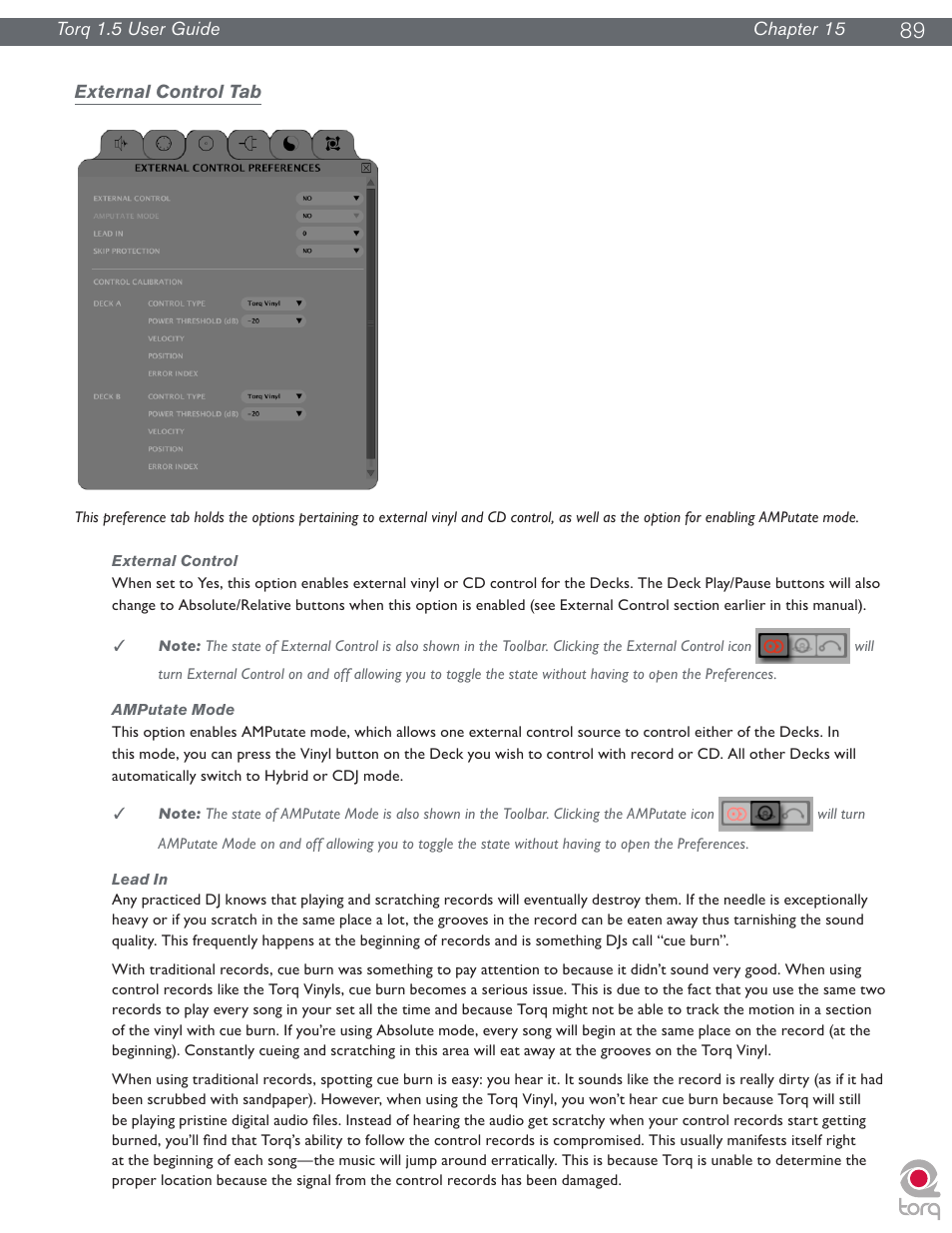 External control tab, External control, Amputate mode | Lead in, External control amputate mode lead in | M-AUDIO Torq 1.5 User Manual | Page 90 / 99