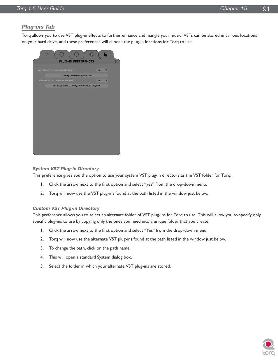 Plug-ins tab, System vst plug-in directory, Custom vst plug-in directory | M-AUDIO Torq 1.5 User Manual | Page 92 / 99