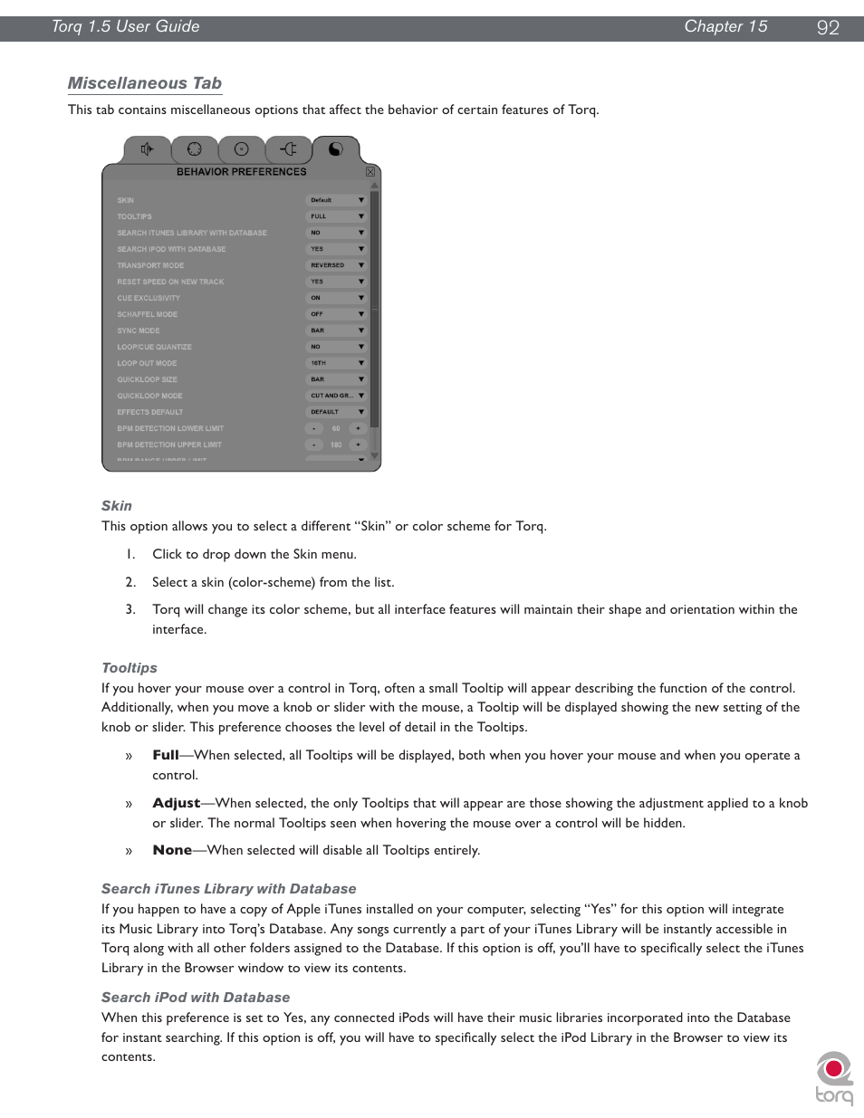 Miscellaneous tab, Skin, Tooltips | Search itunes library with database, Search ipod with database | M-AUDIO Torq 1.5 User Manual | Page 93 / 99