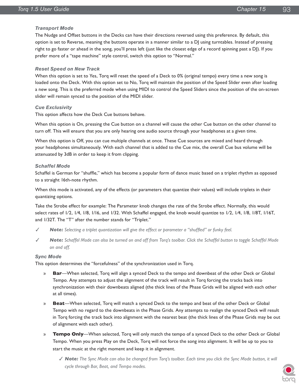 Transport mode, Reset speed on new track, Cue exclusivity | Schaffel mode, Sync mode | M-AUDIO Torq 1.5 User Manual | Page 94 / 99