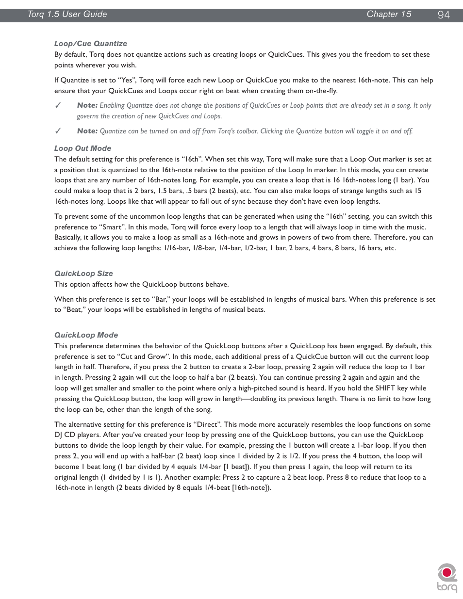 Loop/cue quantize, Loop out mode, Quickloop size | Quickloop mode | M-AUDIO Torq 1.5 User Manual | Page 95 / 99