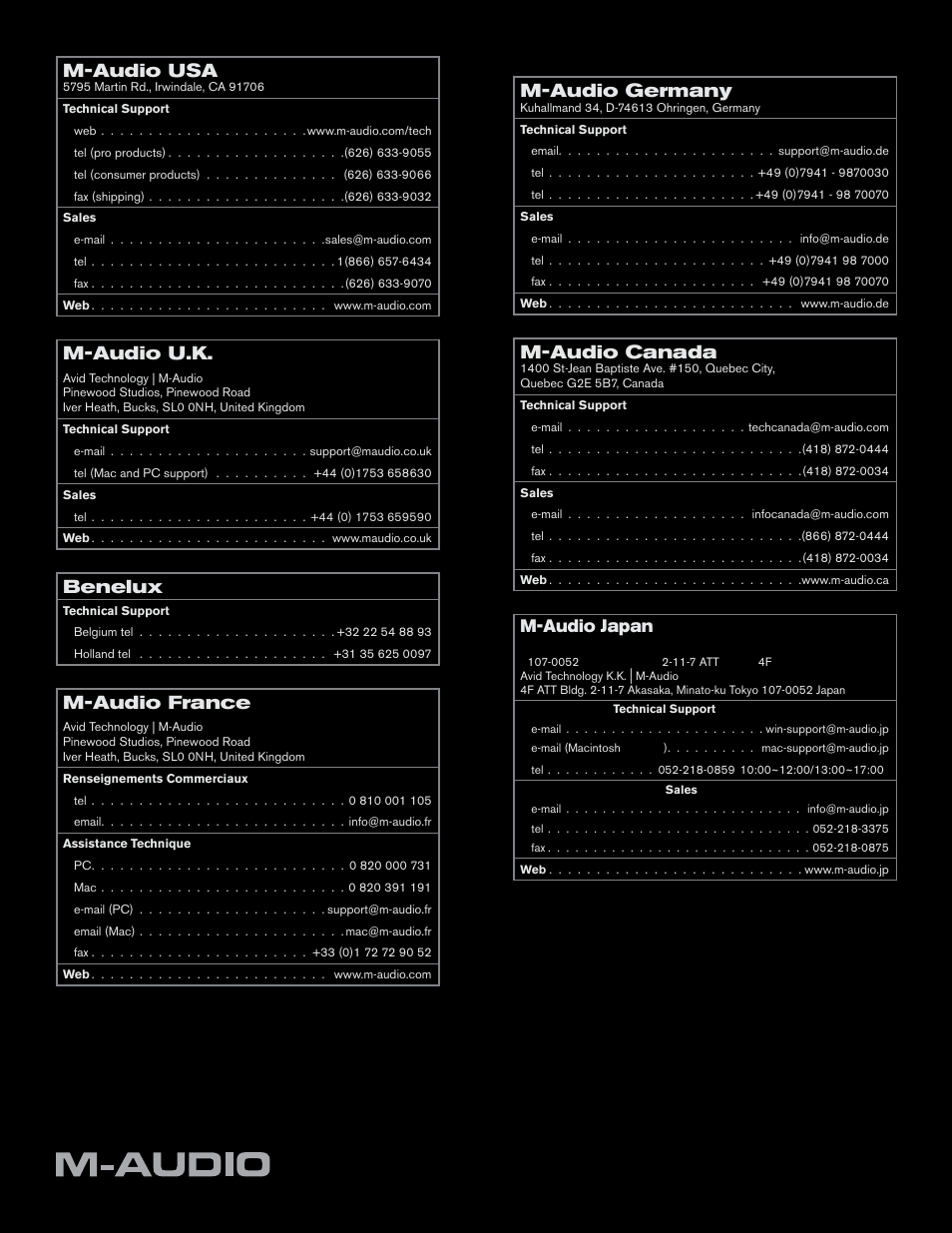 Contact, M-audio usa, M-audio u.k | Benelux, M-audio france, M-audio germany, M-audio canada, M-audio japan | M-AUDIO Torq 1.5 User Manual | Page 99 / 99