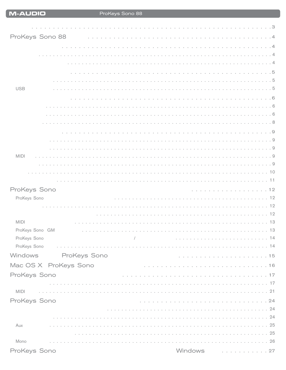 Prokeys sono 88, Prokeys sono, Windows prokeys sono | Mac os x prokeys sono, Prokeys sono windows | M-AUDIO SONO 88 User Manual | Page 2 / 51