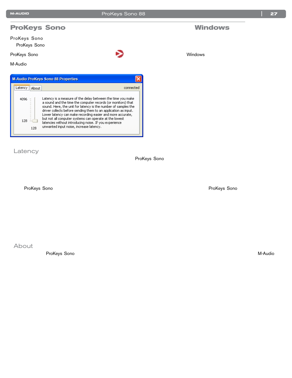 Prokeys sonoのオーディオ・コントロールパネル・ソフトウエア（windowsのみ, Latency（レイテンシー, About（アバウト | Prokeys sono, Windows, Latency, About, Prokeys sono windows | M-AUDIO SONO 88 User Manual | Page 28 / 51