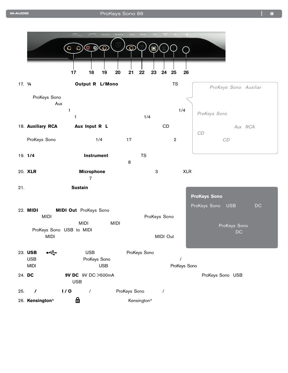 リアパネル図解 | M-AUDIO SONO 88 User Manual | Page 9 / 51