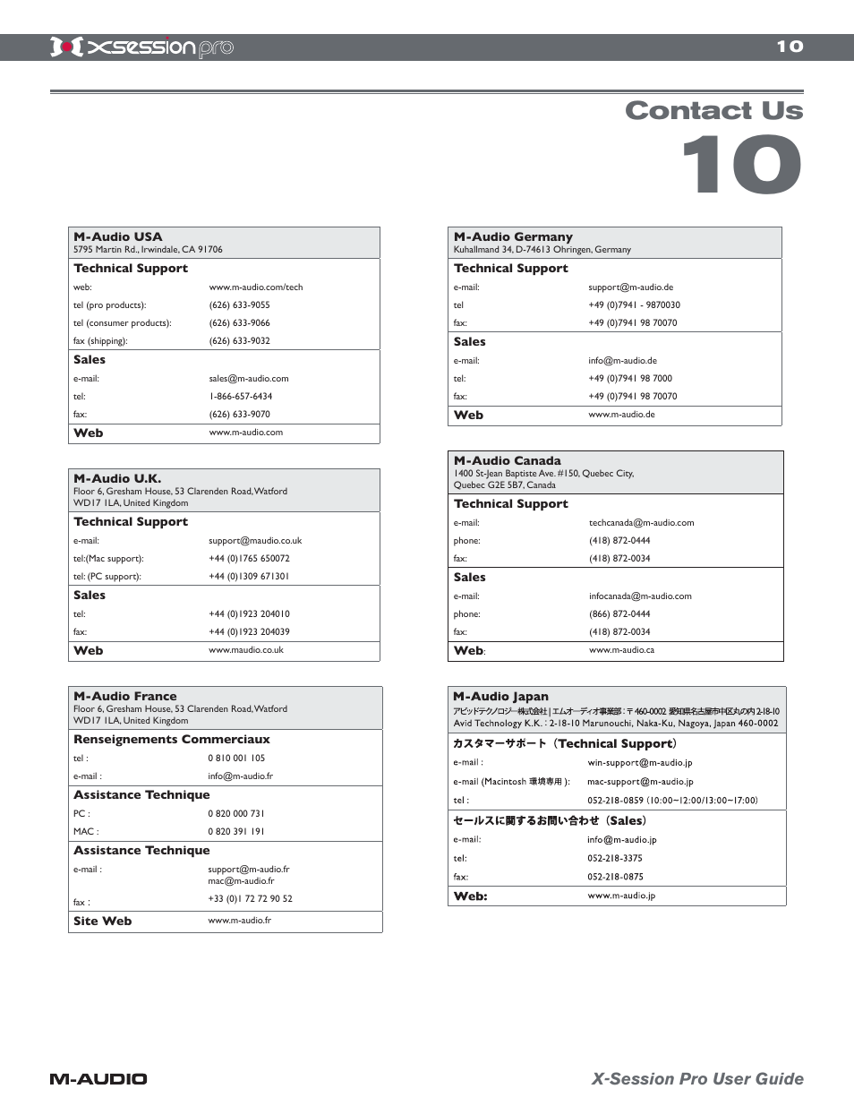 Contact us, 10 x-session pro user guide | M-AUDIO xSession Pro User Manual | Page 10 / 12