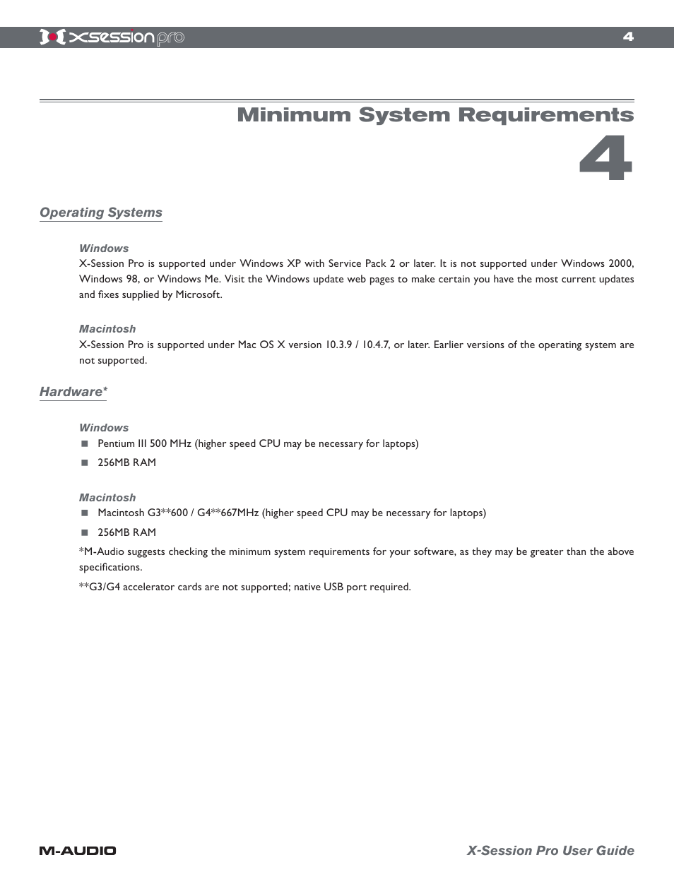 Minimum system requirements, Operating systems, Windows | Macintosh, Hardware | M-AUDIO xSession Pro User Manual | Page 4 / 12