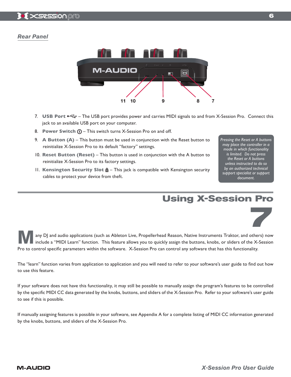 Rear panel, Using x-session pro | M-AUDIO xSession Pro User Manual | Page 6 / 12