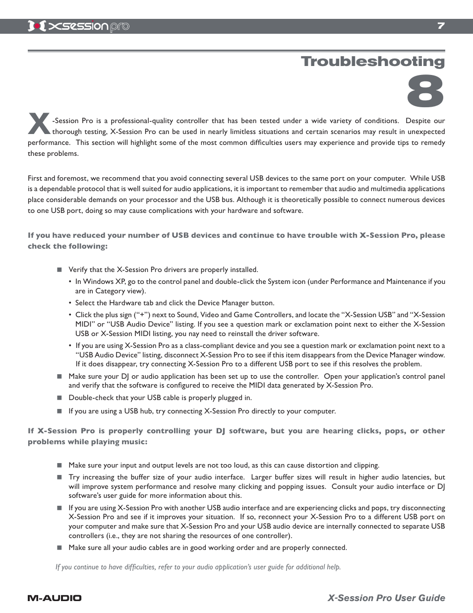 Troubleshooting | M-AUDIO xSession Pro User Manual | Page 7 / 12