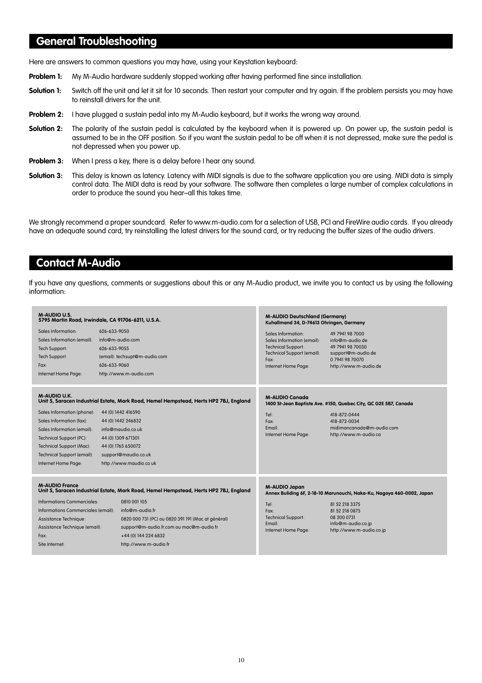 General troubleshooting, Contact m-audio, General troubleshooting contact m-audio | M-AUDIO KeyStation 61es User Manual | Page 11 / 78