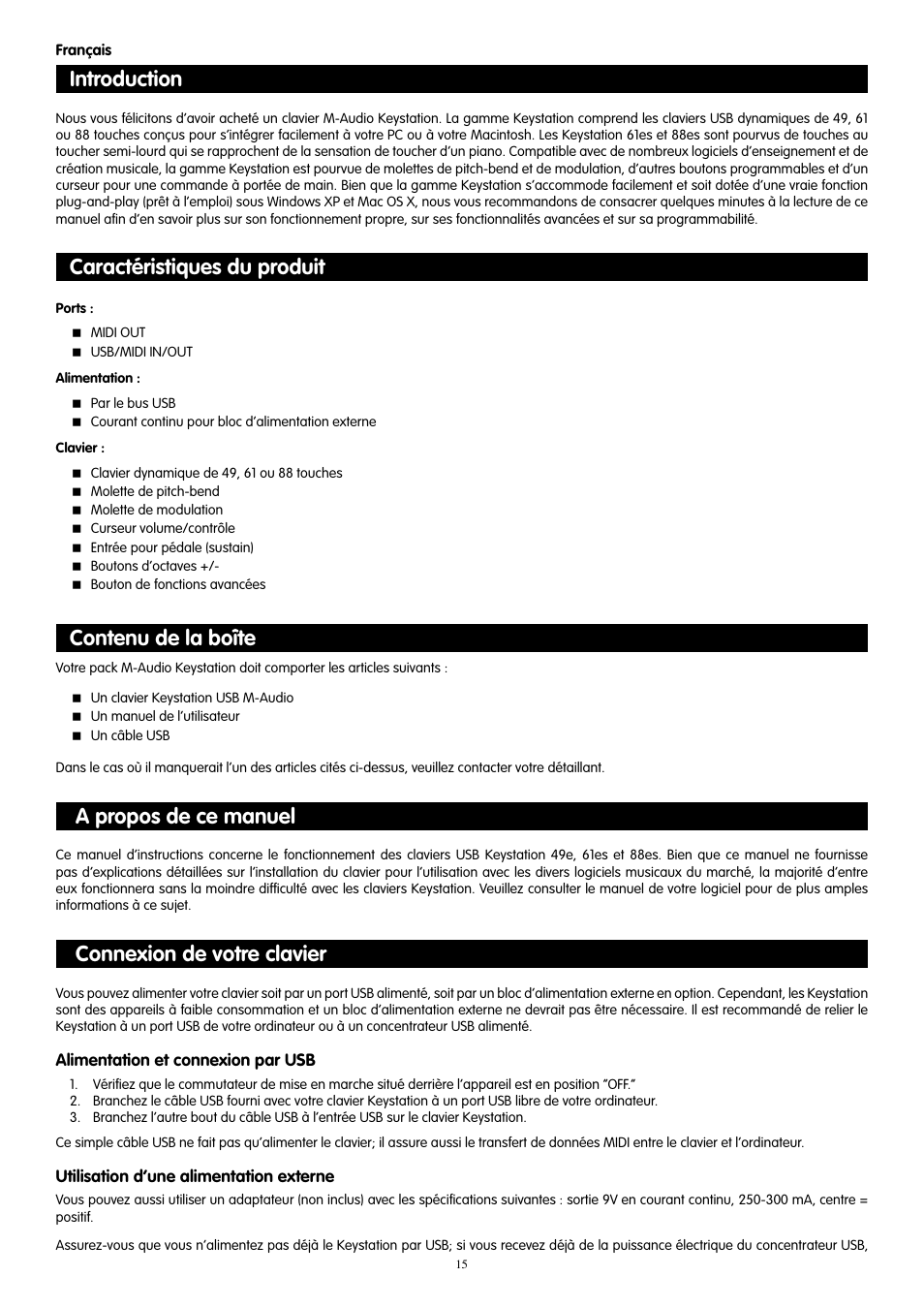Français, Introduction, Caractéristiques du produit | Contenu de la boîte, A propos de ce manuel, Connexion de votre clavier | M-AUDIO KeyStation 61es User Manual | Page 16 / 78