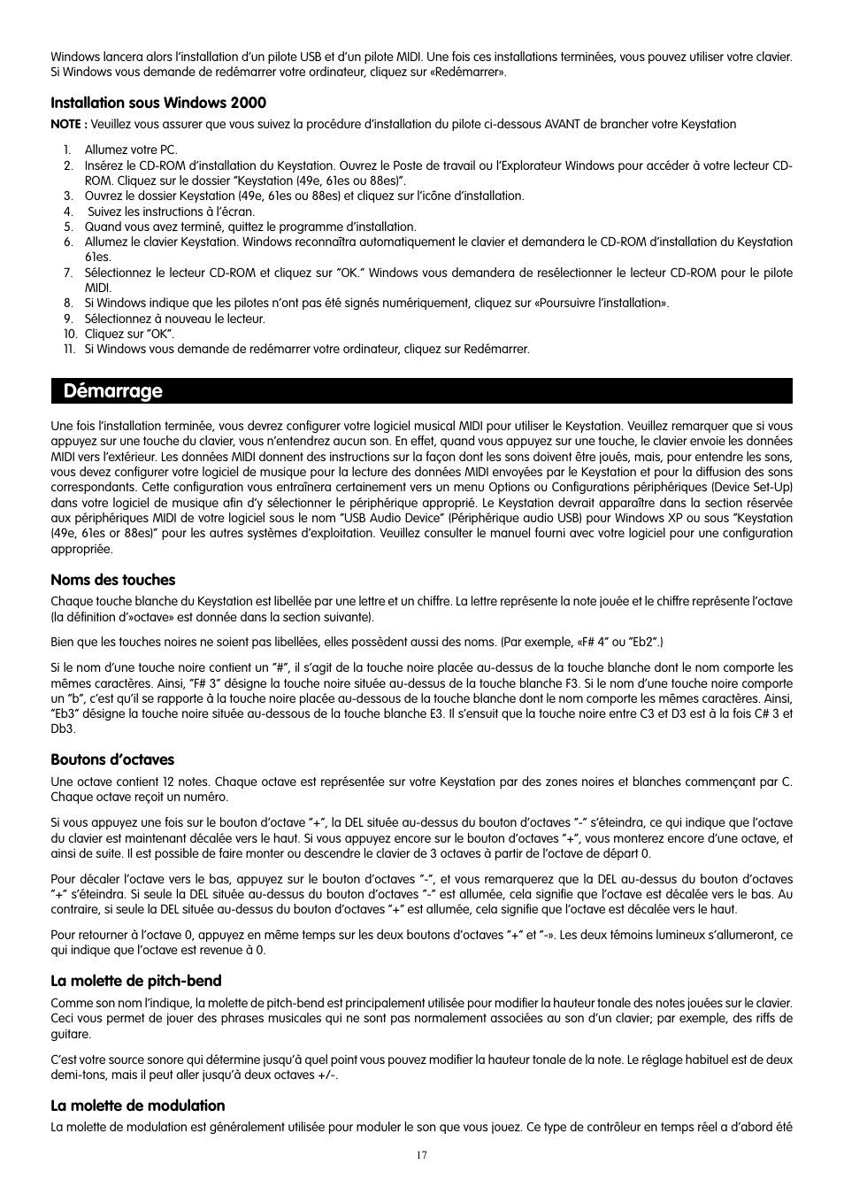 Démarrage | M-AUDIO KeyStation 61es User Manual | Page 18 / 78