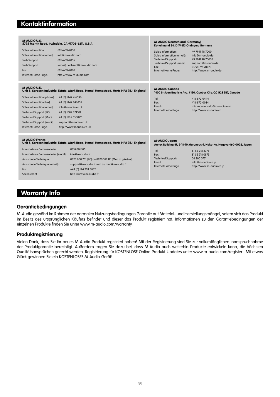 Kontaktinformation, Warranty info, Kontaktinformation warranty info | Garantiebedingungen, Produktregistrierung | M-AUDIO KeyStation 61es User Manual | Page 36 / 78