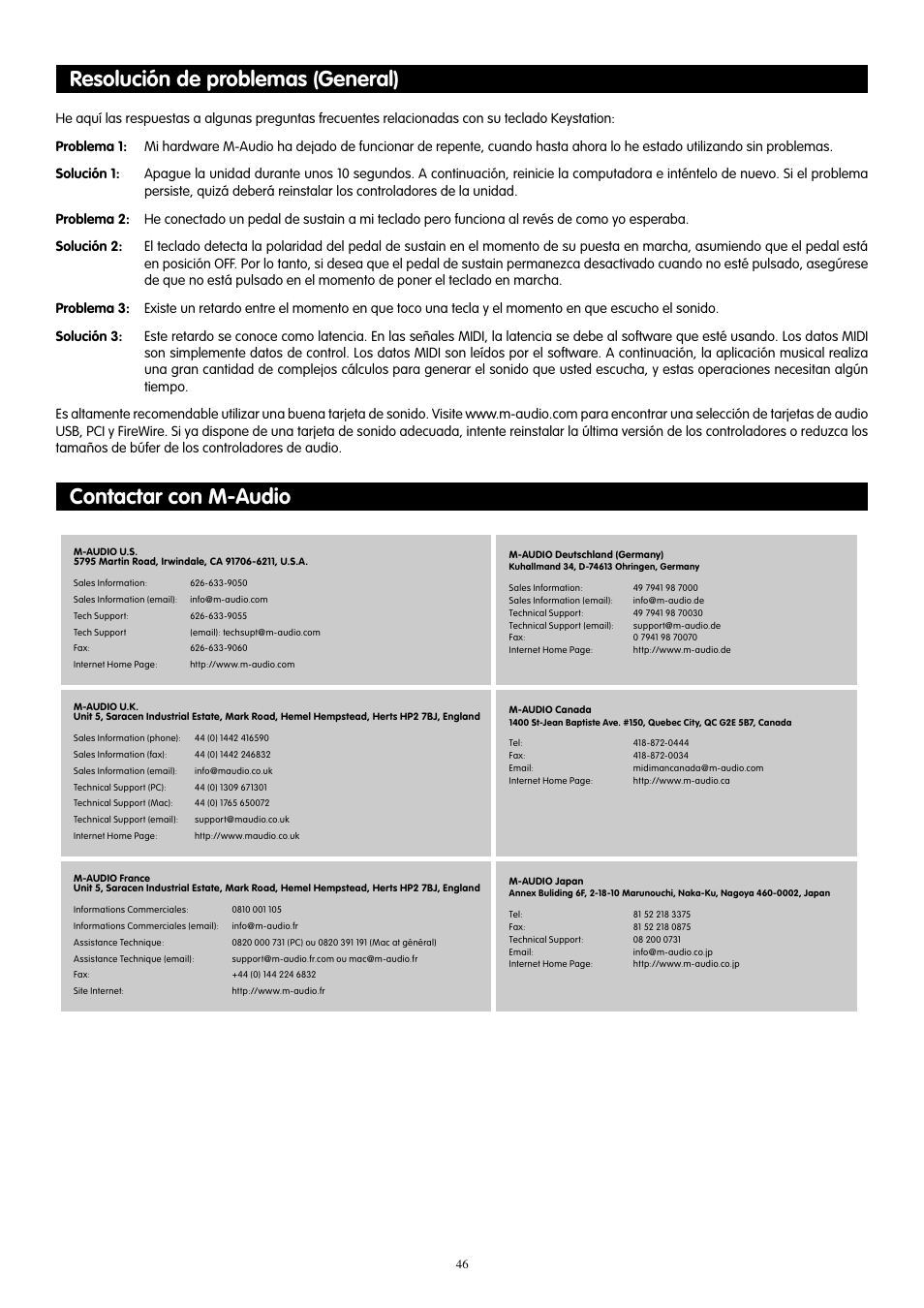 Resolución de problemas (general), Contactar con m-audio | M-AUDIO KeyStation 61es User Manual | Page 47 / 78