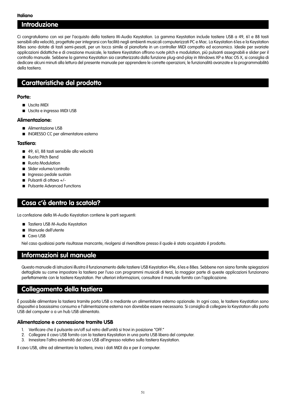 Italiano, Introduzione, Caratteristiche del prodotto | Cosa c’è dentro la scatola, Informazioni sul manuale, Collegamento della tastiera | M-AUDIO KeyStation 61es User Manual | Page 52 / 78