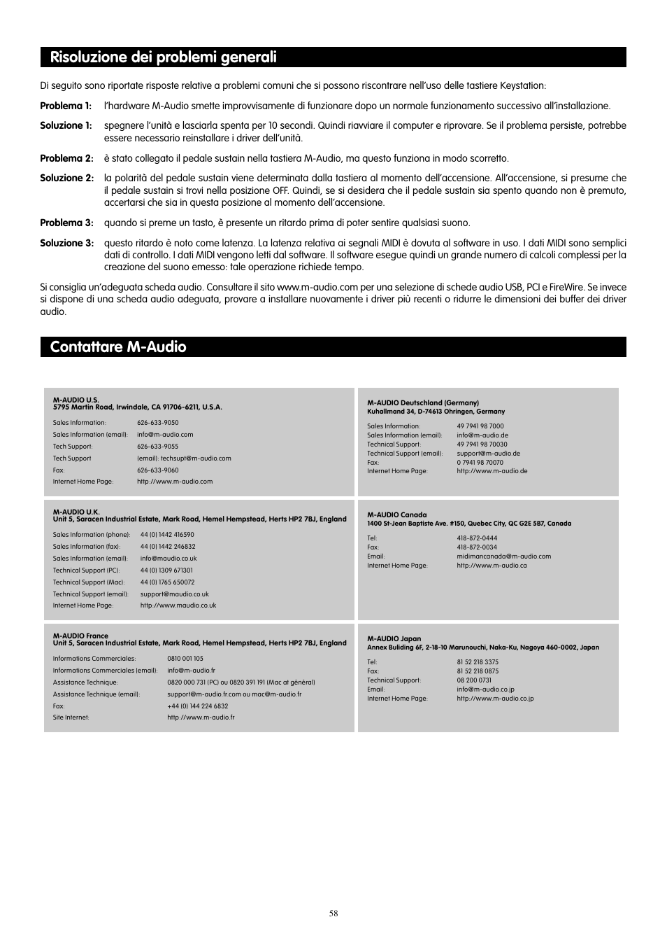 Risoluzione dei problemi generali, Contattare m-audio | M-AUDIO KeyStation 61es User Manual | Page 59 / 78